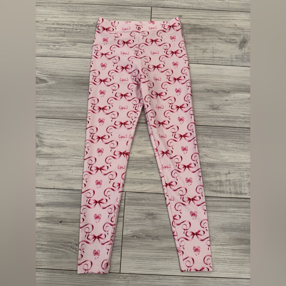Girl TEREZ Pink Ribbon Bow Print Legging Pants Sz 7/8 EUC
